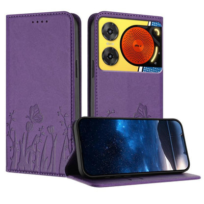 Purple vegan leather phone case with tulip and butterfly pattern, magnetic flip cover.