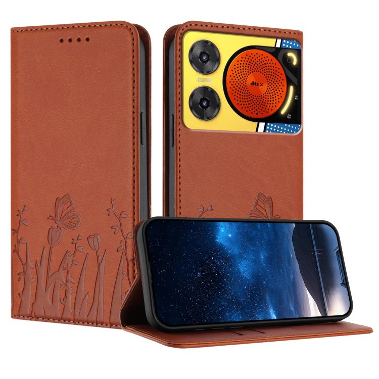 Orange-brown vegan leather phone case with tulip and butterfly pattern, magnetic flip cover.