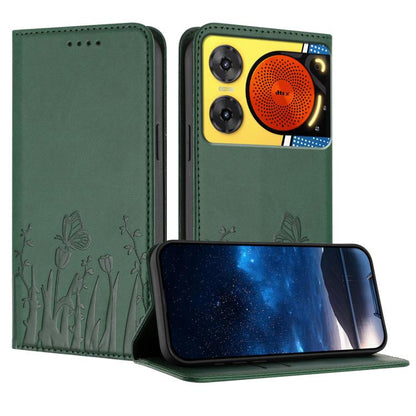 Dark green vegan leather phone case with tulip and butterfly pattern, magnetic flip cover.