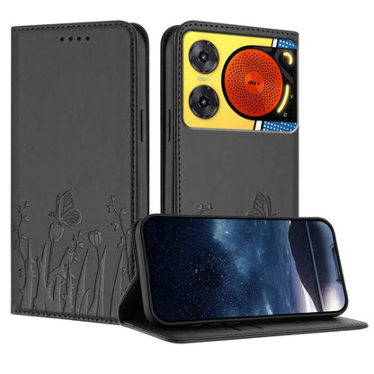 Gray vegan leather phone case with tulip and butterfly pattern, magnetic flip cover.