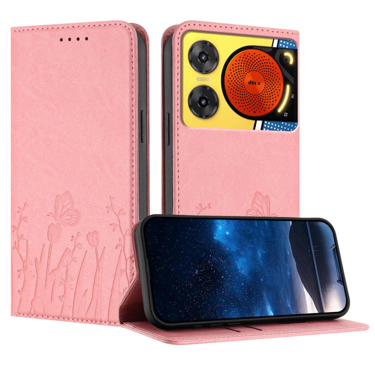 Pink vegan leather phone case with tulip and butterfly pattern, magnetic flip cover.