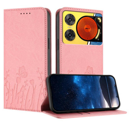 Pink vegan leather phone case with tulip and butterfly pattern, magnetic flip cover.