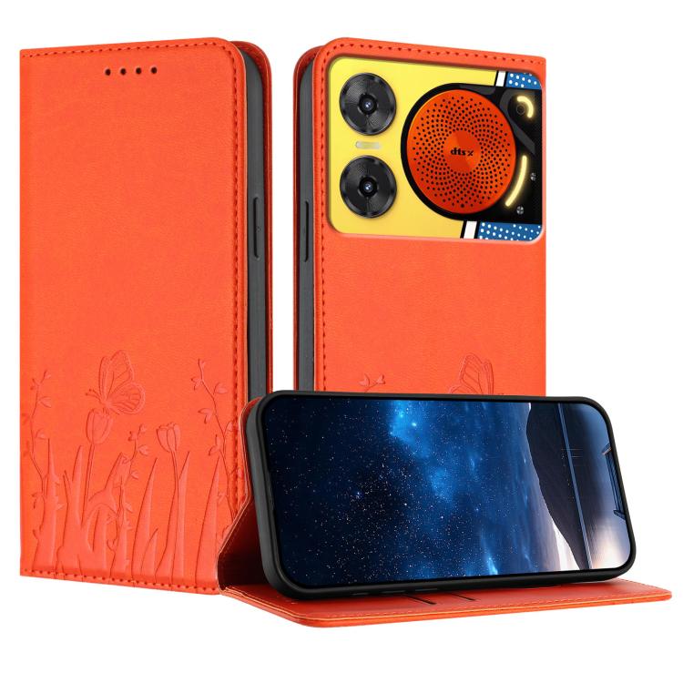 Orange vegan leather phone case with tulip and butterfly pattern, magnetic flip cover.