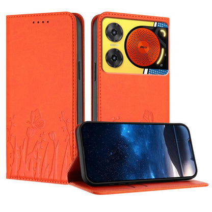 Orange vegan leather phone case with tulip and butterfly pattern, magnetic flip cover.