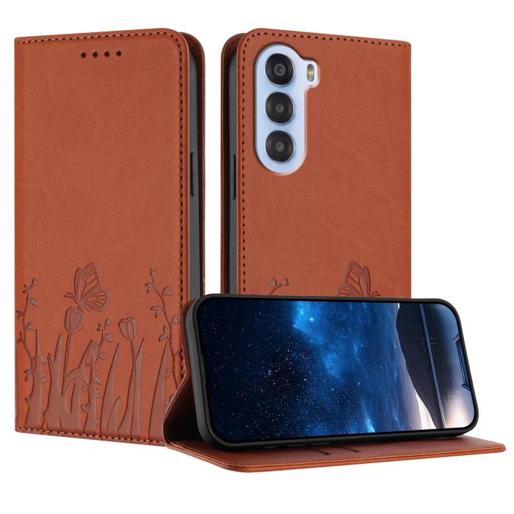 Brown magnetic vegan leather phone case with tulip and butterfly pattern, flip cover