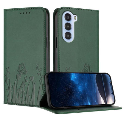 Green magnetic vegan leather phone case with tulip and butterfly pattern, flip cover