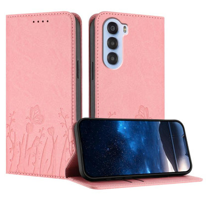 Pink magnetic vegan leather phone case with tulip and butterfly pattern, flip cover