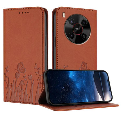 Orange magnetic vegan leather phone case with butterfly and tulip pattern folio
