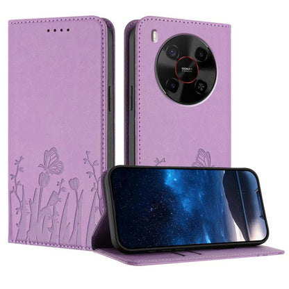 Light purple magnetic vegan leather phone case with butterfly and tulip pattern folio