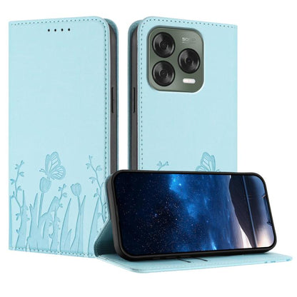 Light blue magnetic vegan leather phone case with butterfly and tulip pattern folio