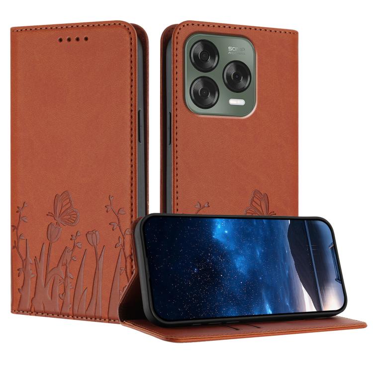 Orange magnetic vegan leather phone case with tulip and butterfly line pattern, front flip cover
