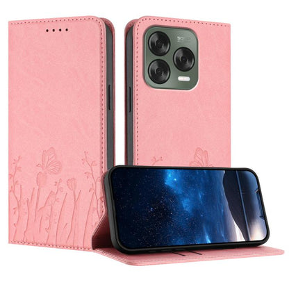 Pink magnetic vegan leather phone case with tulip and butterfly line pattern, front flip