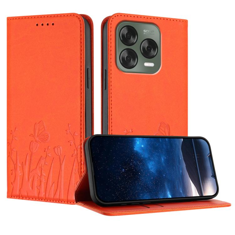 Orange magnetic vegan leather phone case with tulip and butterfly line pattern, camera opening