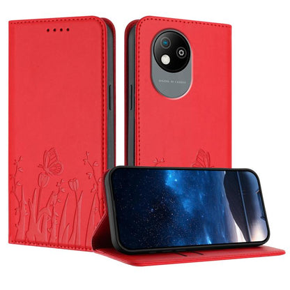 Magnetic red vegan leather phone case with tulip and butterfly pattern