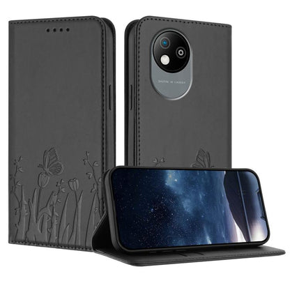 Black vegan leather phone case with tulip-butterfly pattern and magnetic folio cover