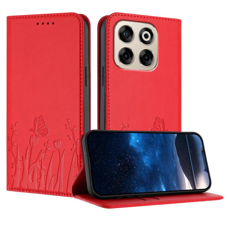 Red vegan leather phone case with tulip-butterfly pattern and magnetic folio cover