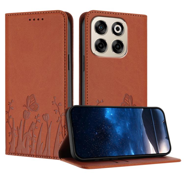 Magnetic vegan leather phone case with tulip-butterfly pattern, orange folio
