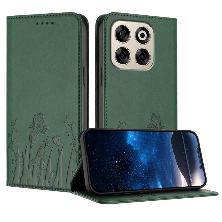 Magnetic vegan leather phone case with tulip-butterfly pattern, green folio