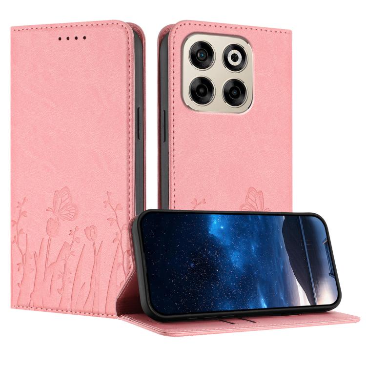 Magnetic vegan leather phone case with tulip-butterfly pattern, pink folio
