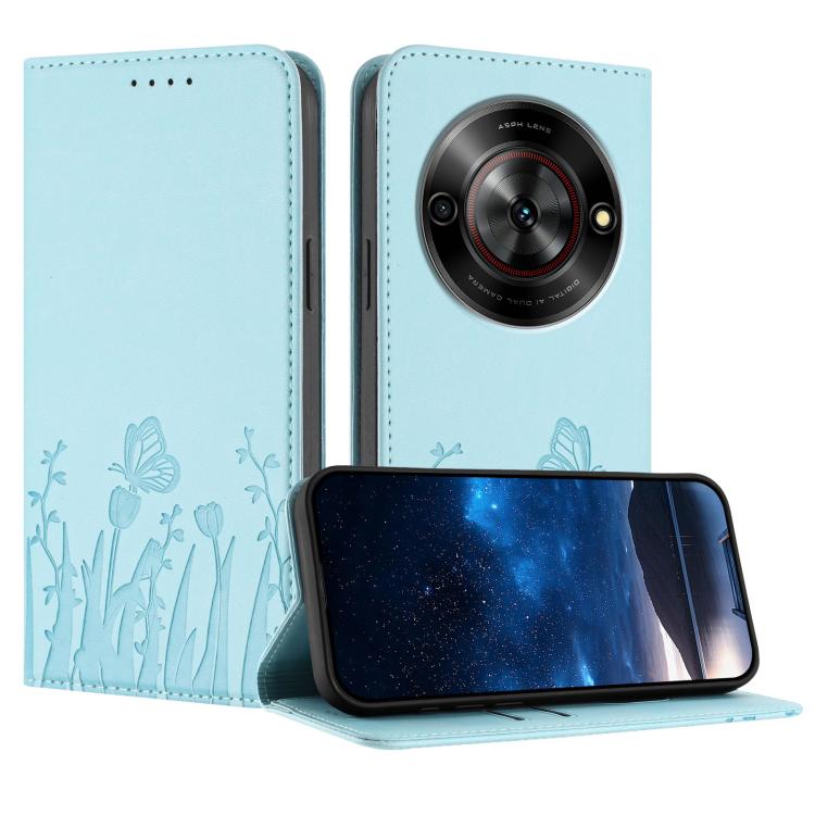 Magnetic vegan leather phone case with tulip-butterfly pattern, light blue folio