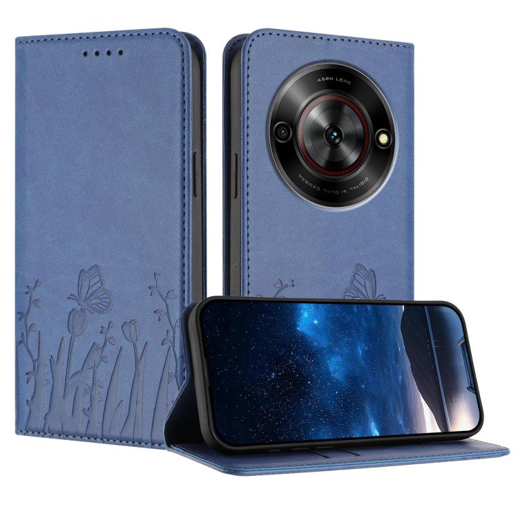 Magnetic vegan leather phone case with tulip-butterfly pattern, blue folio
