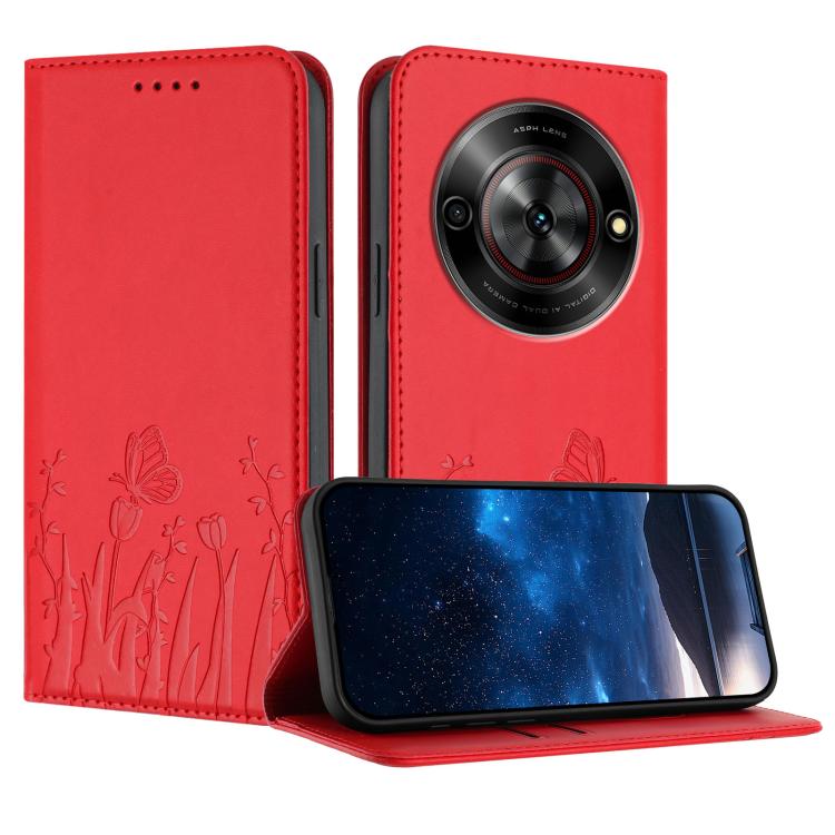 Magnetic vegan leather phone case with tulip-butterfly pattern, red folio