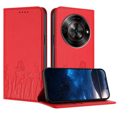 Magnetic vegan leather phone case with tulip-butterfly pattern, red folio