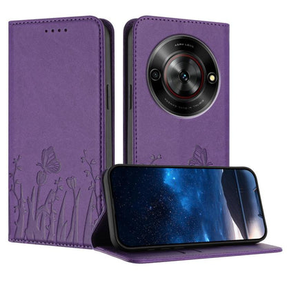Purple magnetic vegan leather phone case with tulip and butterfly pattern, folio wallet style
