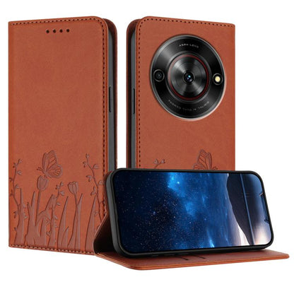 Orange magnetic vegan leather phone case with tulip and butterfly pattern, folio wallet style