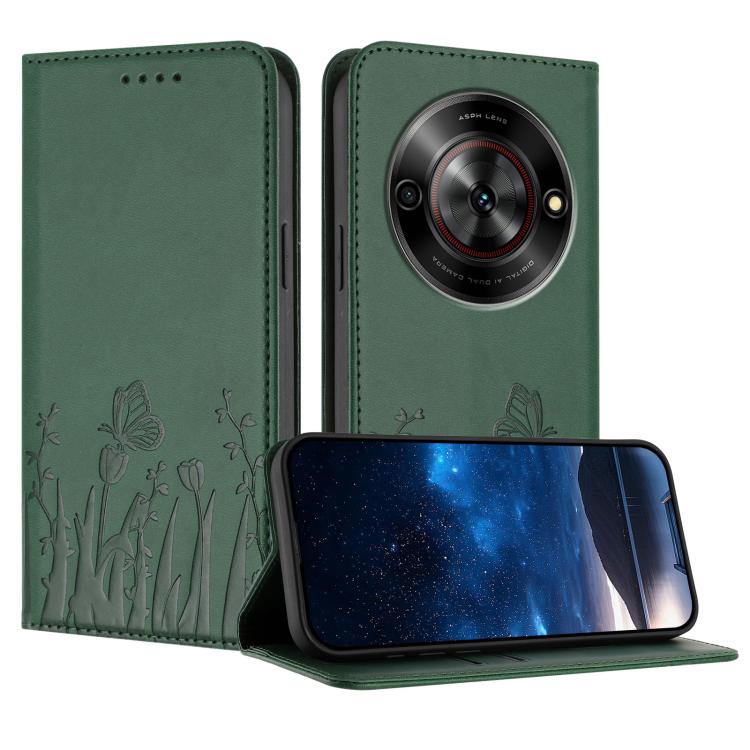 Green magnetic vegan leather phone case with tulip and butterfly pattern, folio wallet style