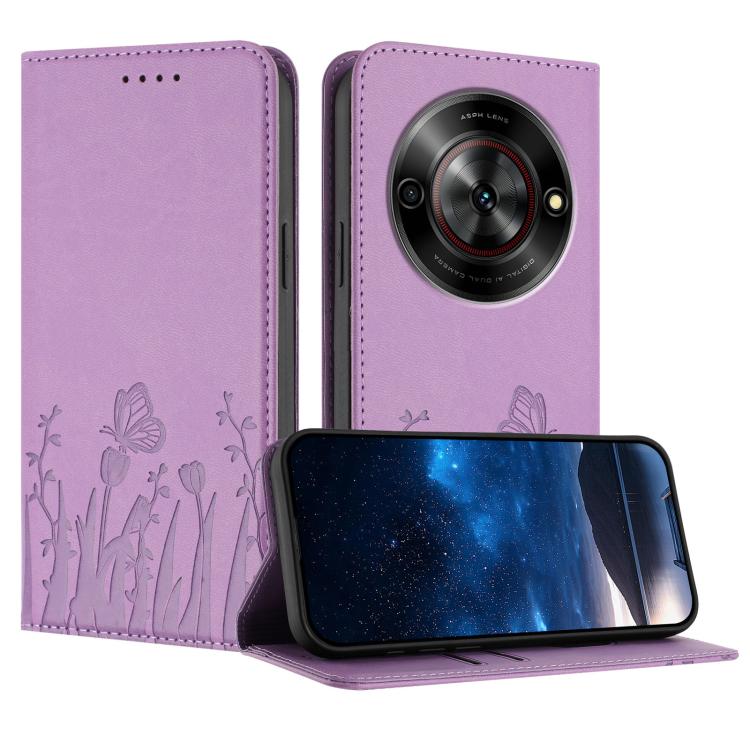 Lilac purple magnetic vegan leather phone case with tulip and butterfly pattern, folio wallet style