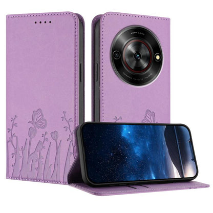 Lilac purple magnetic vegan leather phone case with tulip and butterfly pattern, folio wallet style