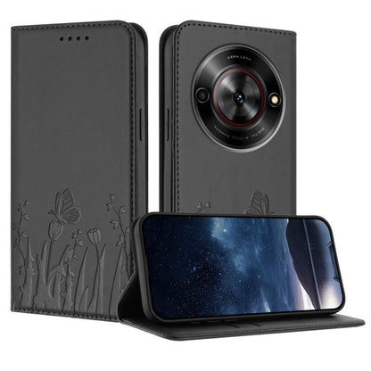 Dark gray magnetic vegan leather phone case with tulip and butterfly pattern, folio wallet style