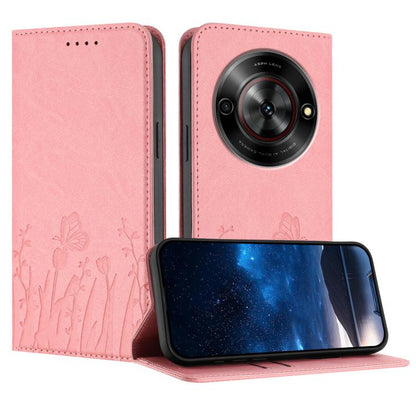 Light pink magnetic vegan leather phone case with tulip and butterfly pattern, folio wallet style