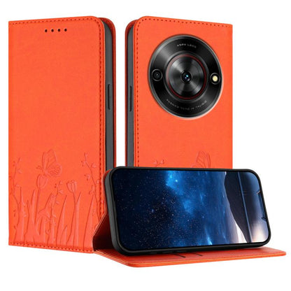 Orange magnetic vegan leather phone case with tulip and butterfly pattern, folio wallet style