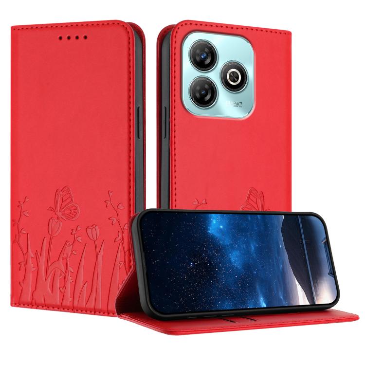 Red magnetic vegan leather phone case with tulip and butterfly pattern, folio wallet style