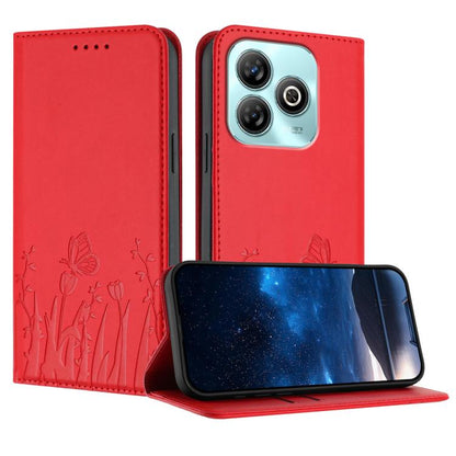 Red magnetic vegan leather phone case with tulip and butterfly pattern, folio wallet style
