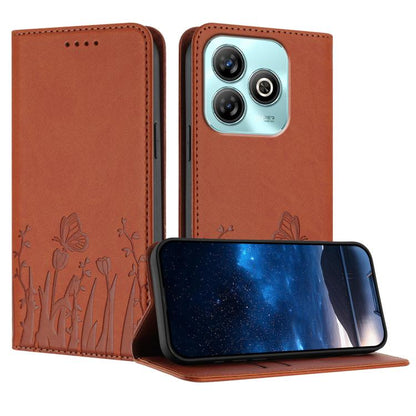 Orange magnetic vegan leather phone case with tulip and butterfly pattern, front flap