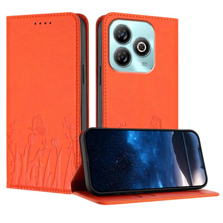 Orange magnetic vegan leather phone case with tulip and butterfly pattern, front flap