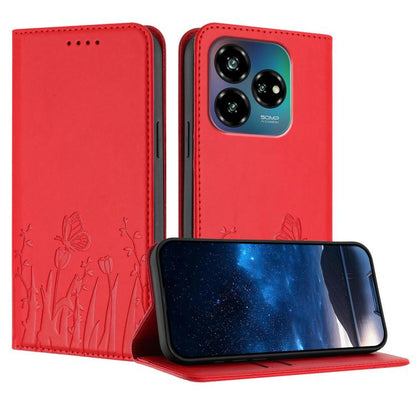Red magnetic vegan leather phone case with tulip and butterfly pattern, front flap