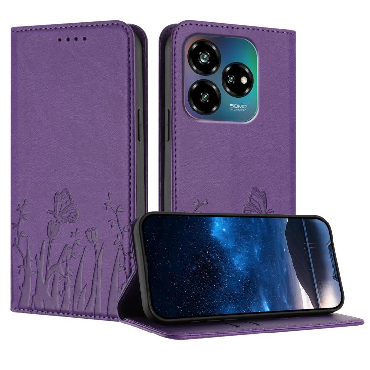 Purple magnetic vegan leather phone case with tulip-butterfly pattern, folio flip cover