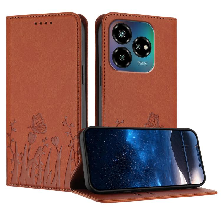 Brown magnetic vegan leather phone case with tulip-butterfly pattern, folio flip cover