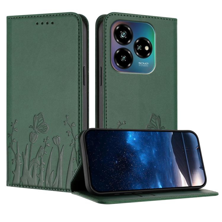 Dark green magnetic vegan leather phone case with tulip-butterfly pattern, folio flip cover