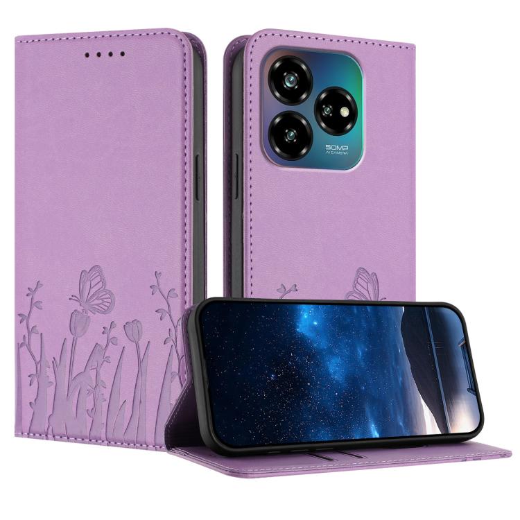 Purple magnetic vegan leather phone case with tulip-butterfly pattern, folio flip cover