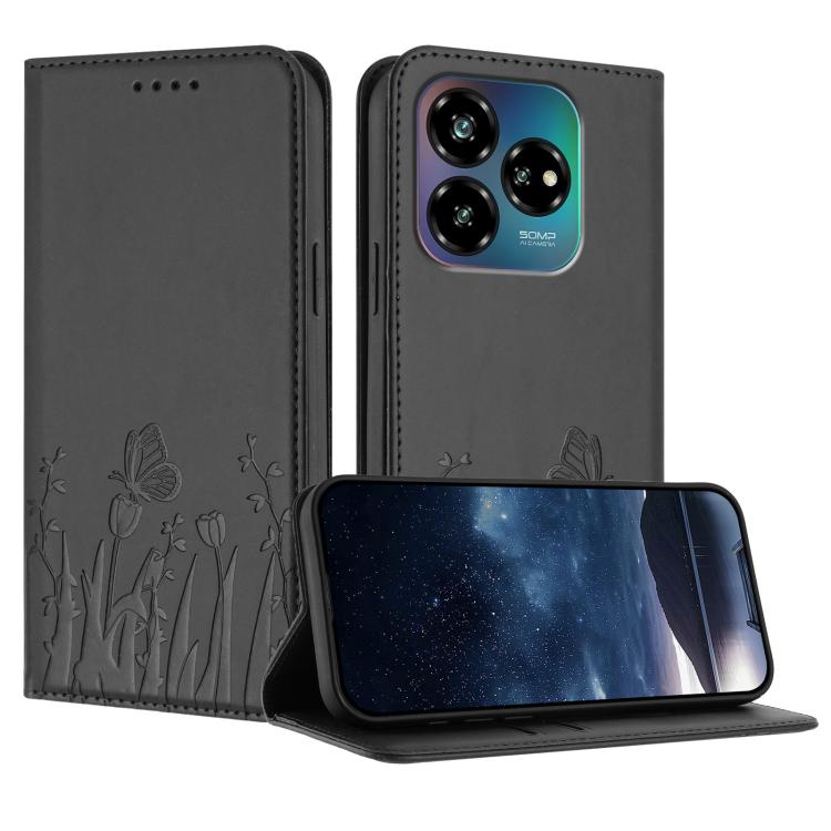 Gray magnetic vegan leather phone case with tulip-butterfly pattern, folio flip cover