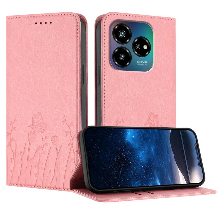 Light pink magnetic vegan leather phone case with tulip-butterfly pattern, folio flip cover