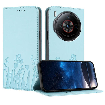 Light blue magnetic vegan leather phone case with tulip-butterfly pattern, folio flip cover