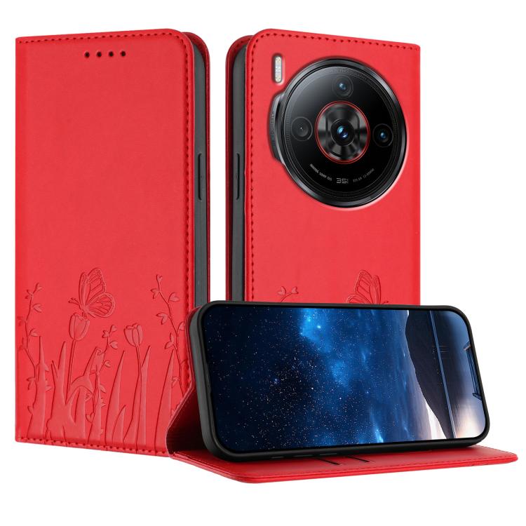 Red magnetic vegan leather phone case with tulip-butterfly pattern, folio flip cover