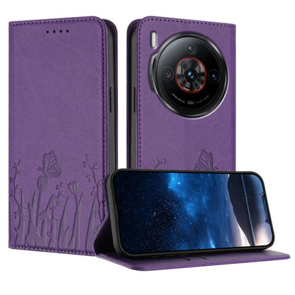 Purple magnetic vegan leather phone case with tulip and butterfly pattern, folio stand