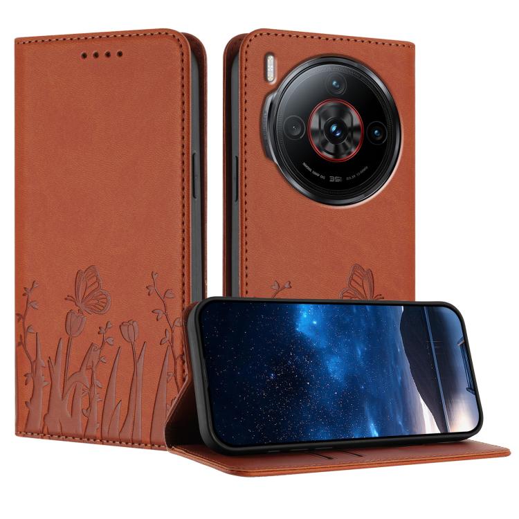 Orange magnetic vegan leather phone case with tulip and butterfly pattern, folio stand